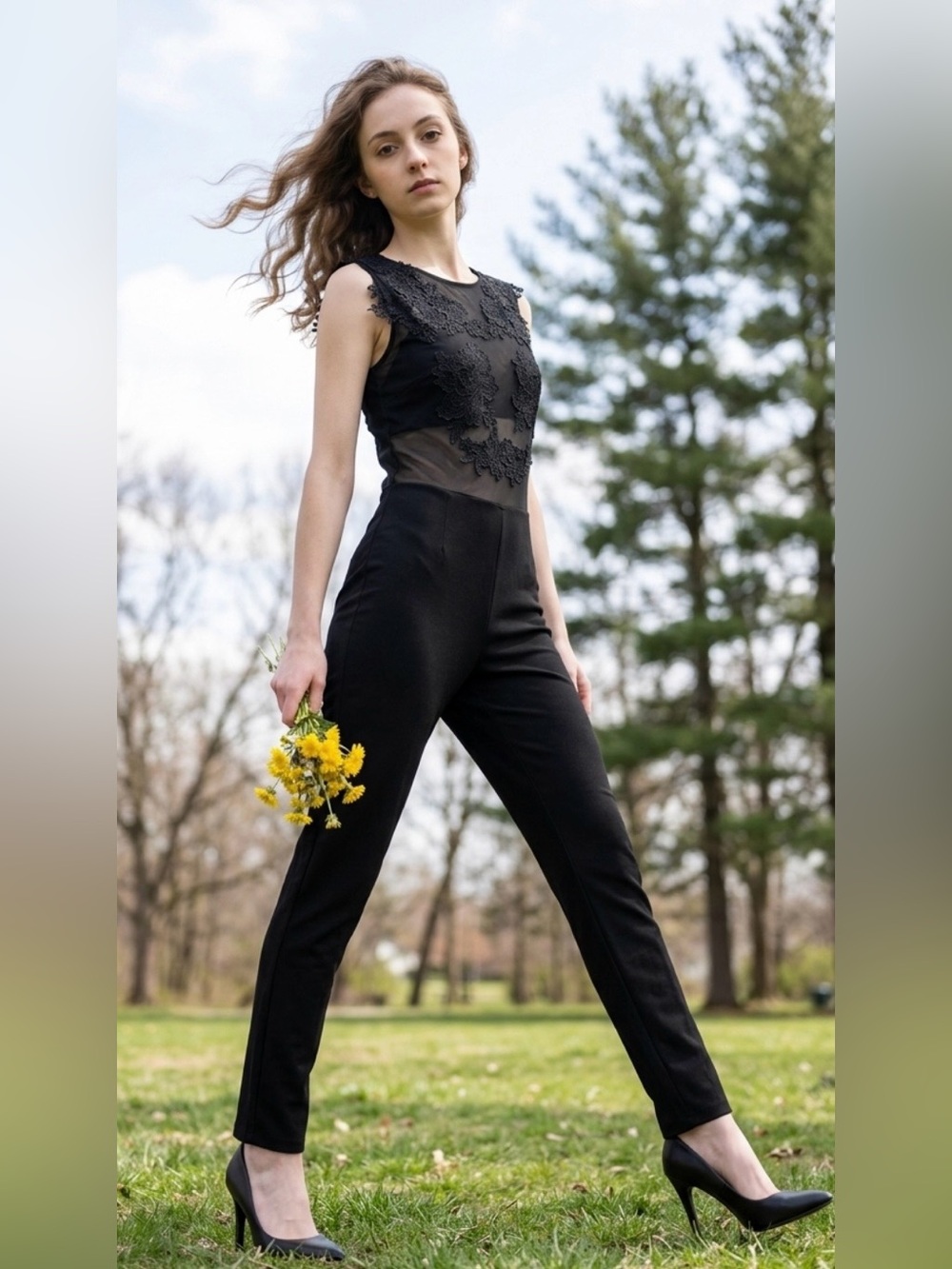 cleo Black Lace Appliqué Sleeveless Jumpsuit